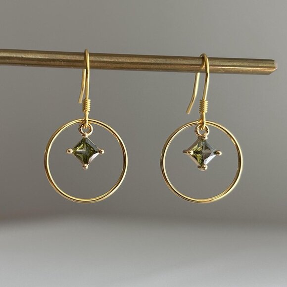 Small Gold Plated Over Sterling Silver Hoop Earrings With Olive Green Square Zir - Picture 2 of 3